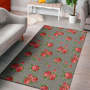 Red Roses Houndstooth Pattern Print Area Rug
