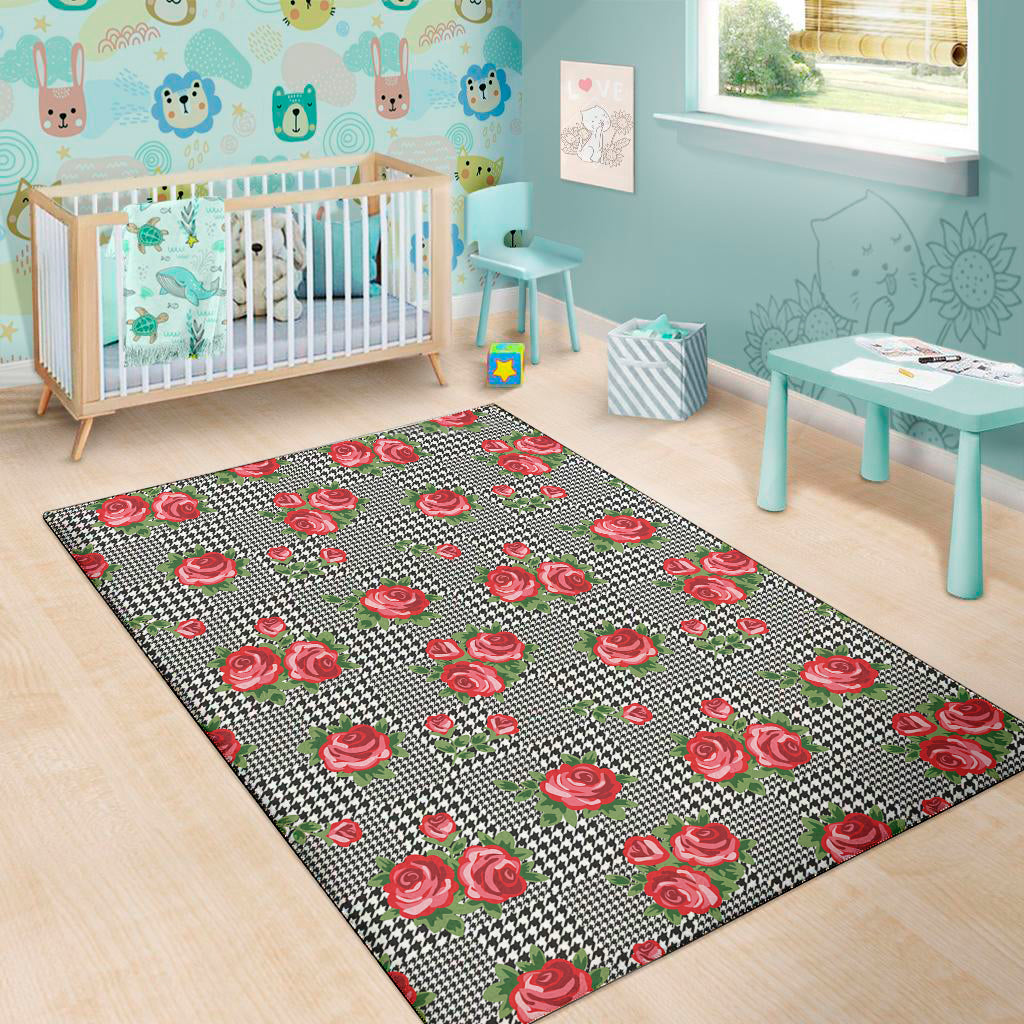 Red Roses Houndstooth Pattern Print Area Rug