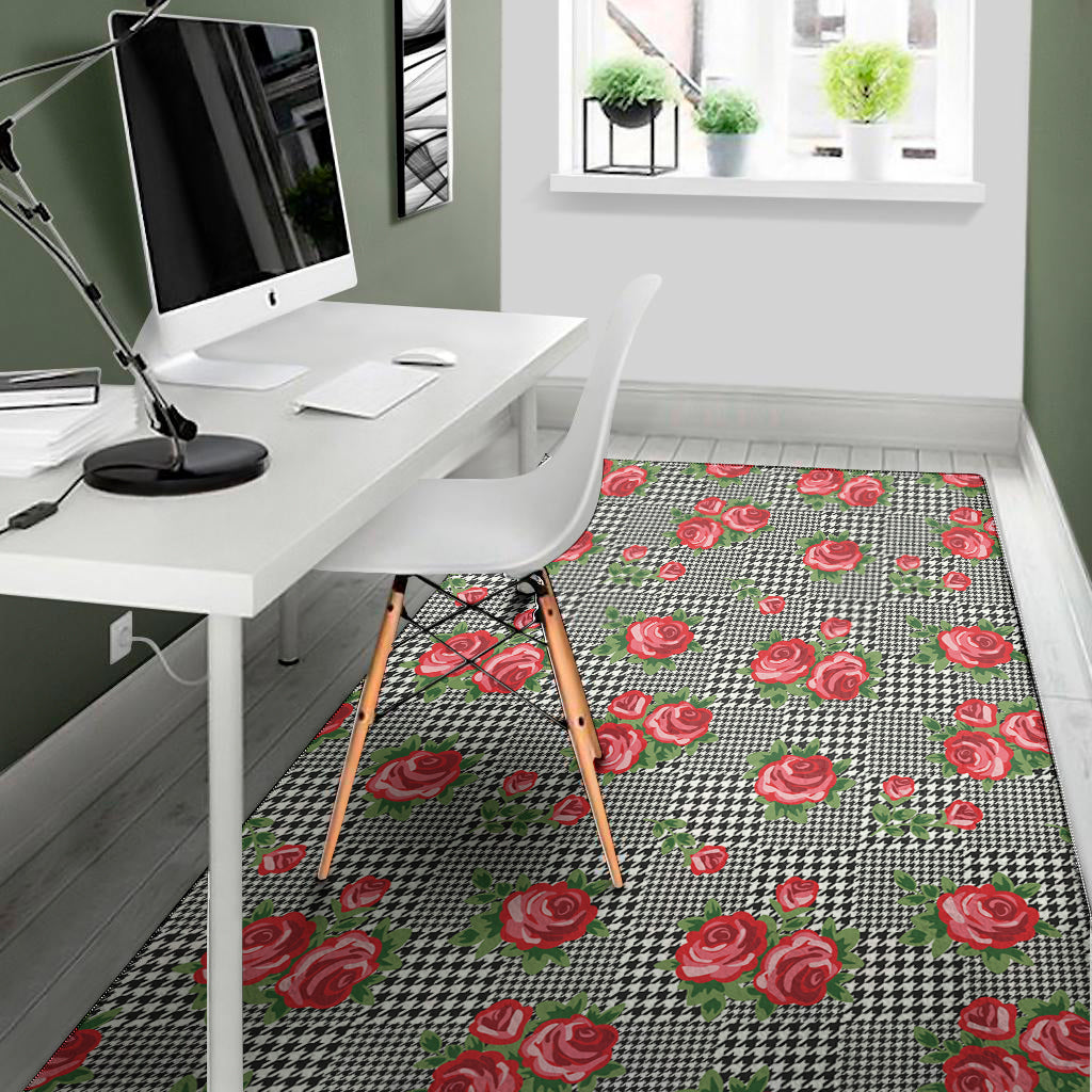 Red Roses Houndstooth Pattern Print Area Rug