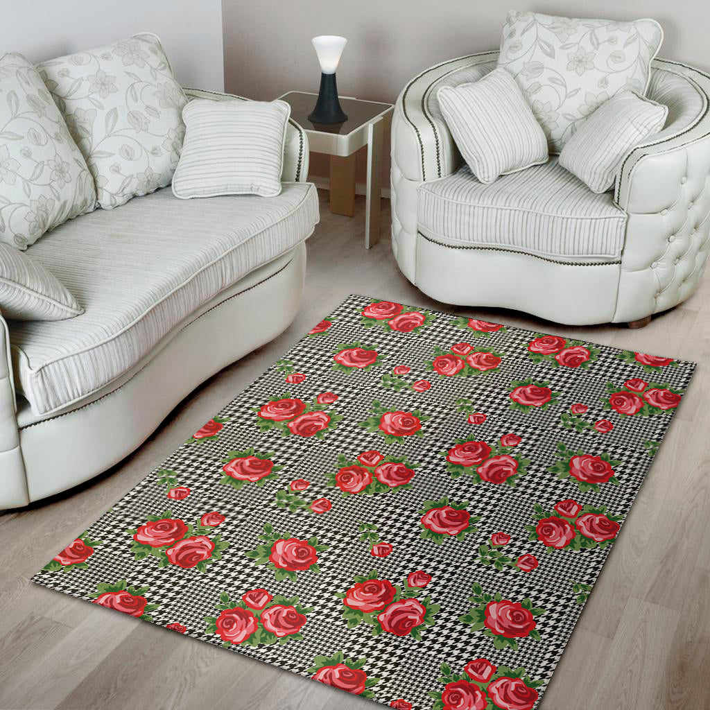 Red Roses Houndstooth Pattern Print Area Rug