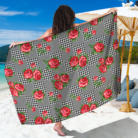 Red Roses Houndstooth Pattern Print Beach Sarong Wrap