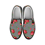 Red Roses Houndstooth Pattern Print Black Slip On Shoes