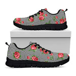 Red Roses Houndstooth Pattern Print Black Sneakers