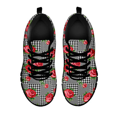 Red Roses Houndstooth Pattern Print Black Sneakers