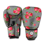 Red Roses Houndstooth Pattern Print Boxing Gloves