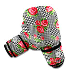 Red Roses Houndstooth Pattern Print Boxing Gloves