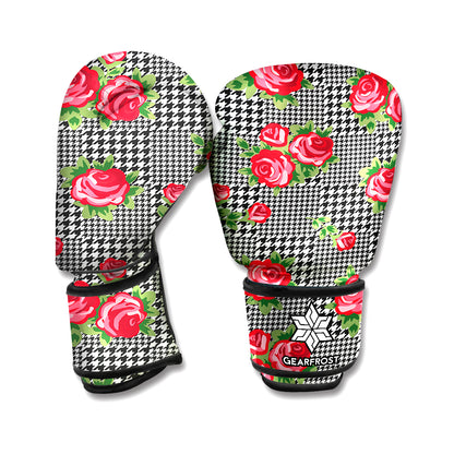 Red Roses Houndstooth Pattern Print Boxing Gloves