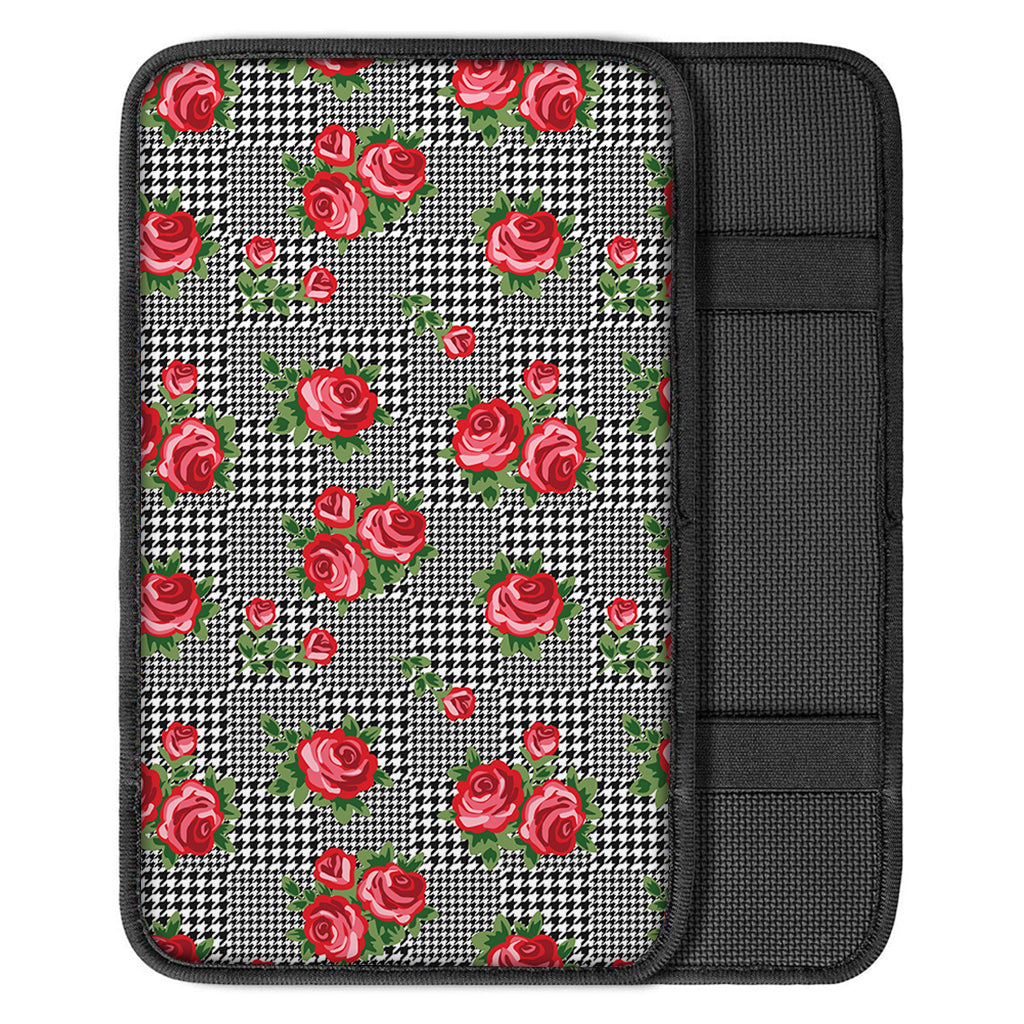 Red Roses Houndstooth Pattern Print Car Center Console Cover
