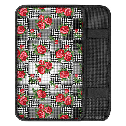 Red Roses Houndstooth Pattern Print Car Center Console Cover
