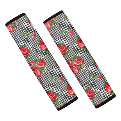 Red Roses Houndstooth Pattern Print Car Seat Belt Covers