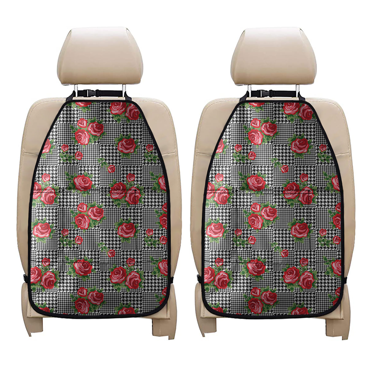 Red Roses Houndstooth Pattern Print Car Seat Organizers