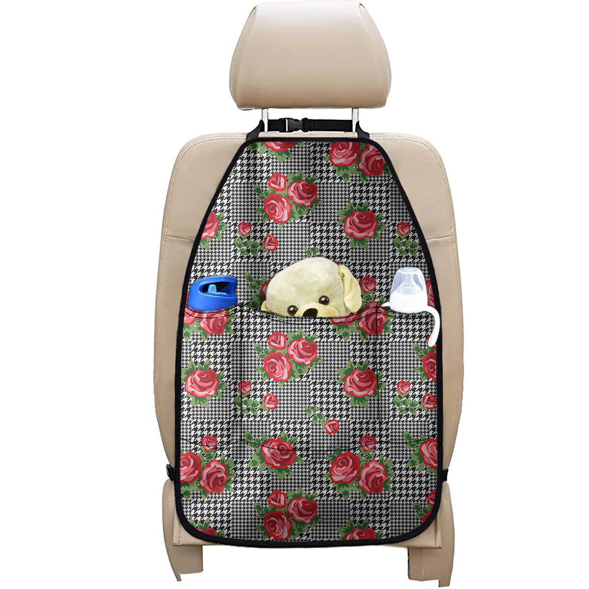 Red Roses Houndstooth Pattern Print Car Seat Organizers