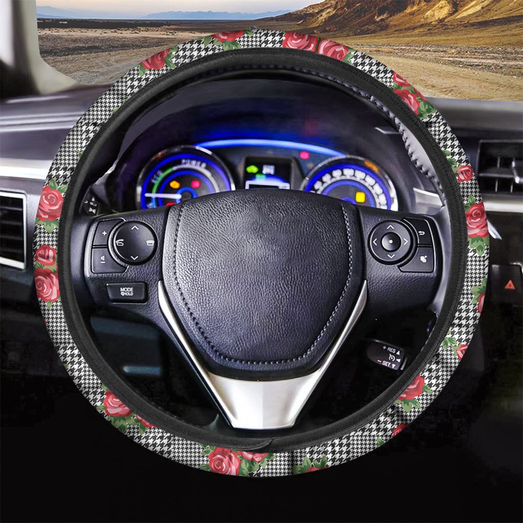 Red Roses Houndstooth Pattern Print Car Steering Wheel Cover