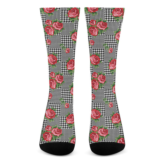 Red Roses Houndstooth Pattern Print Crew Socks