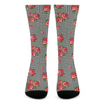 Red Roses Houndstooth Pattern Print Crew Socks