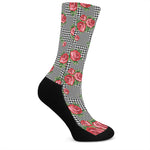 Red Roses Houndstooth Pattern Print Crew Socks
