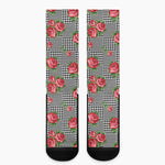 Red Roses Houndstooth Pattern Print Crew Socks