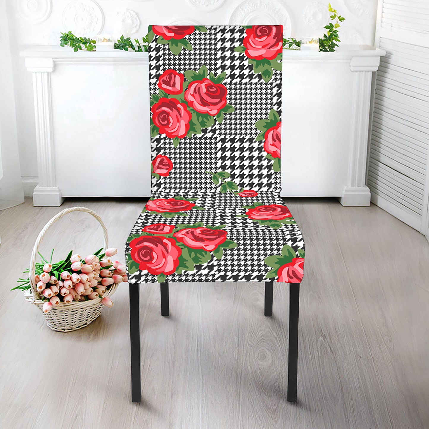 Red Roses Houndstooth Pattern Print Dining Chair Slipcover