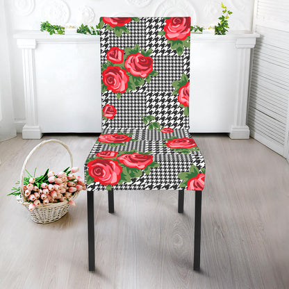 Red Roses Houndstooth Pattern Print Dining Chair Slipcover