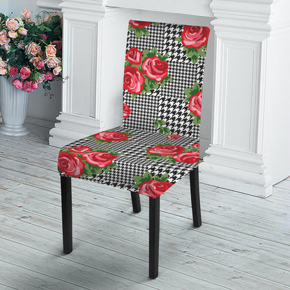 Red Roses Houndstooth Pattern Print Dining Chair Slipcover