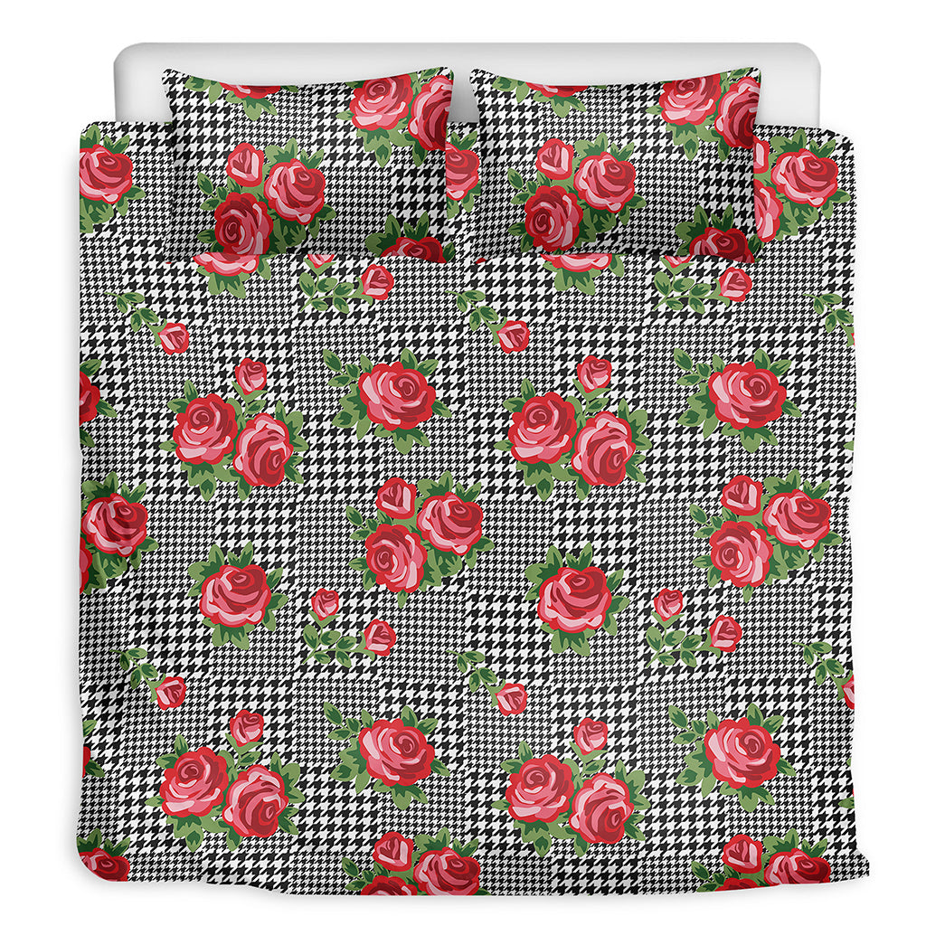 Red Roses Houndstooth Pattern Print Duvet Cover Bedding Set