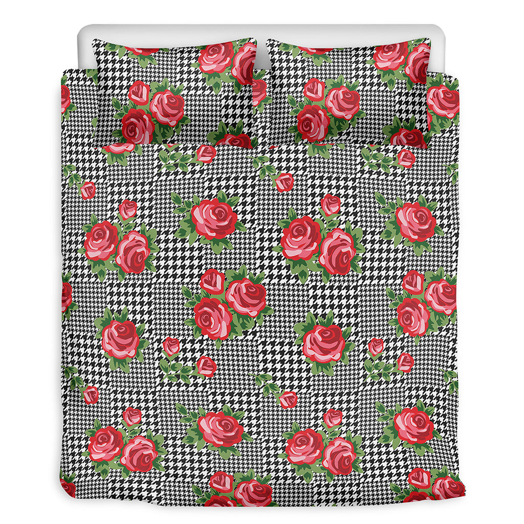 Red Roses Houndstooth Pattern Print Duvet Cover Bedding Set