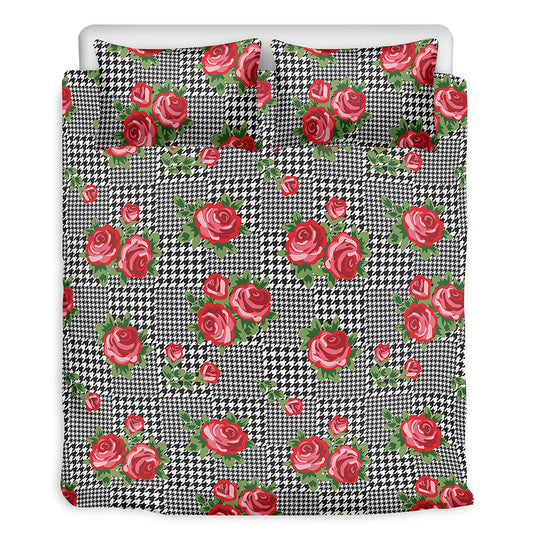 Red Roses Houndstooth Pattern Print Duvet Cover Bedding Set