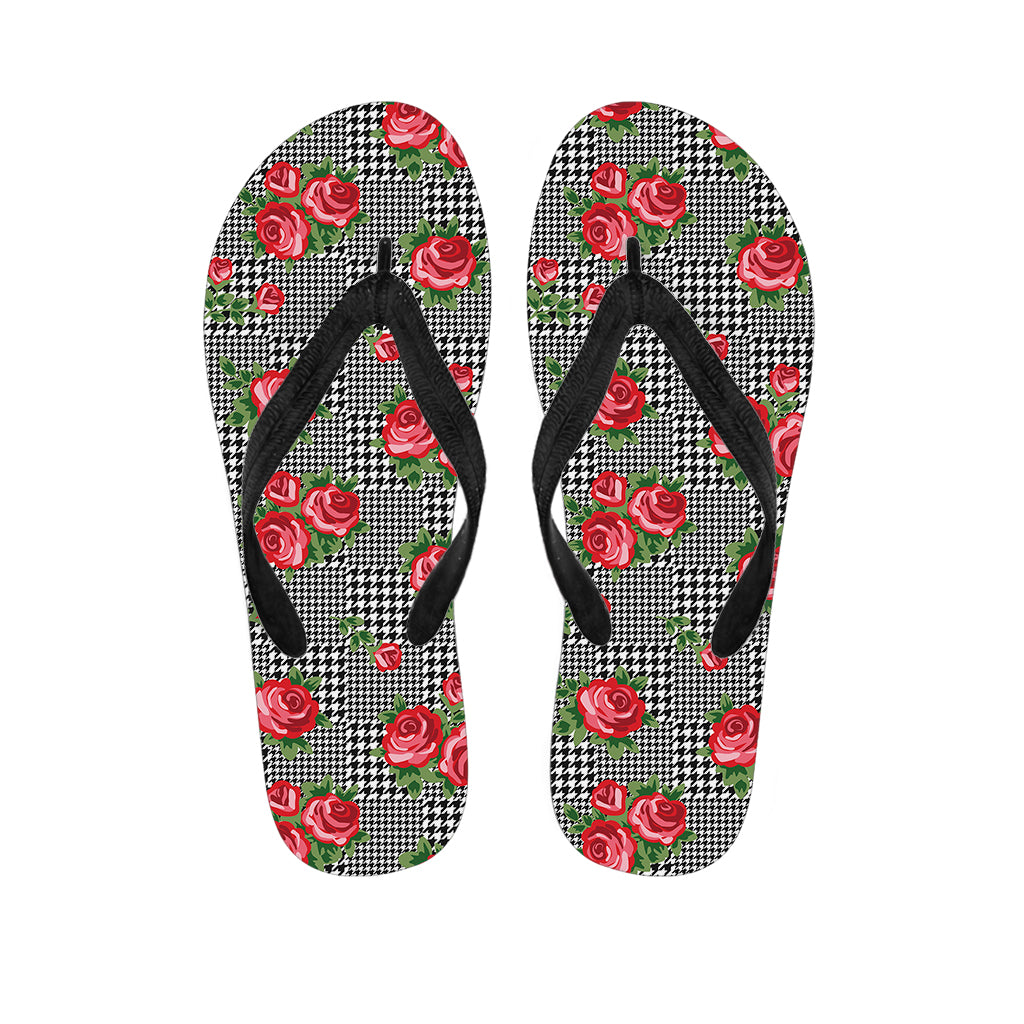 Red Roses Houndstooth Pattern Print Flip Flops
