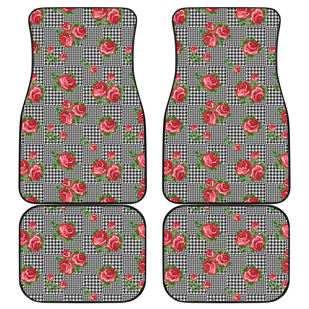 Red Roses Houndstooth Pattern Print Front and Back Car Floor Mats