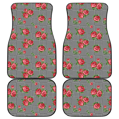 Red Roses Houndstooth Pattern Print Front and Back Car Floor Mats