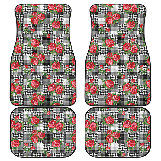 Red Roses Houndstooth Pattern Print Front and Back Car Floor Mats