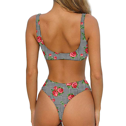 Red Roses Houndstooth Pattern Print Front Bow Tie Bikini