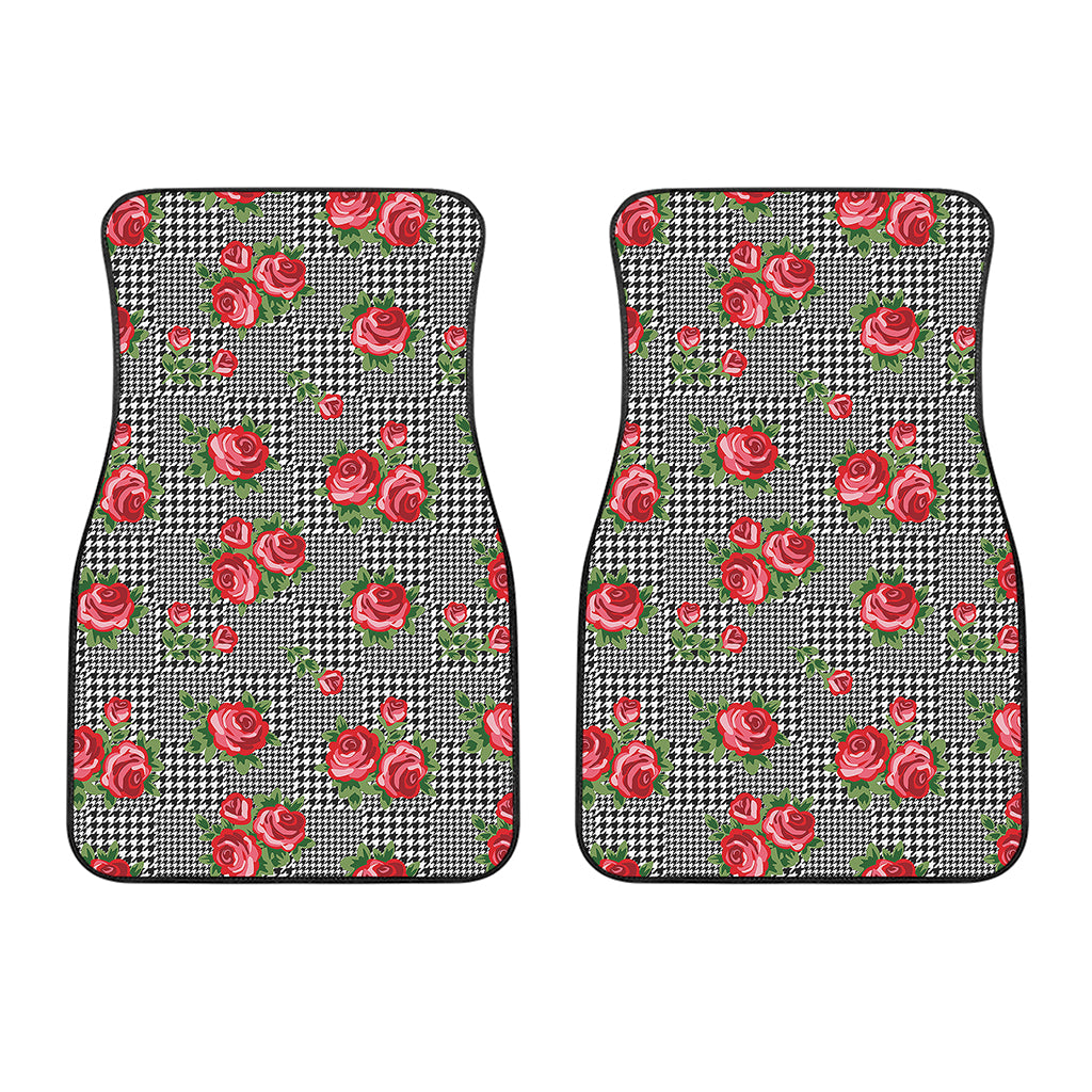 Red Roses Houndstooth Pattern Print Front Car Floor Mats