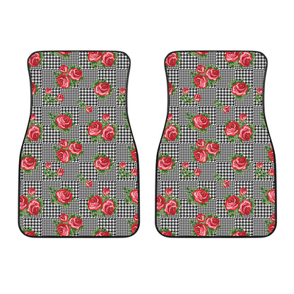 Red Roses Houndstooth Pattern Print Front Car Floor Mats