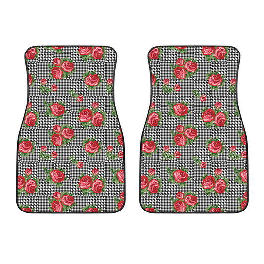 Red Roses Houndstooth Pattern Print Front Car Floor Mats