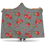 Red Roses Houndstooth Pattern Print Hooded Blanket