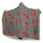 Red Roses Houndstooth Pattern Print Hooded Blanket