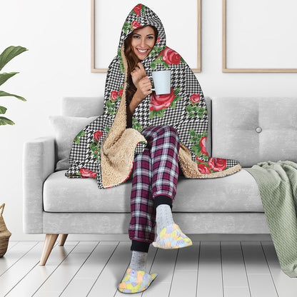 Red Roses Houndstooth Pattern Print Hooded Blanket