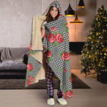 Red Roses Houndstooth Pattern Print Hooded Blanket