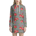 Red Roses Houndstooth Pattern Print Pullover Hoodie Dress