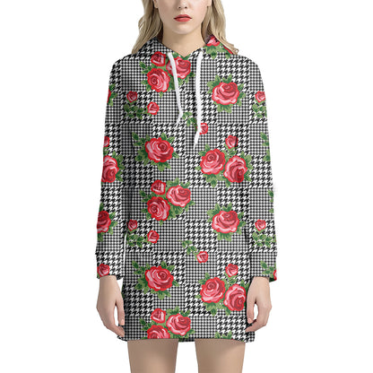 Red Roses Houndstooth Pattern Print Hoodie Dress