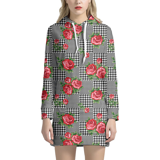 Red Roses Houndstooth Pattern Print Hoodie Dress