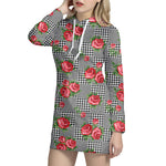 Red Roses Houndstooth Pattern Print Hoodie Dress