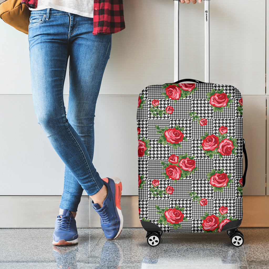 Red Roses Houndstooth Pattern Print Luggage Cover
