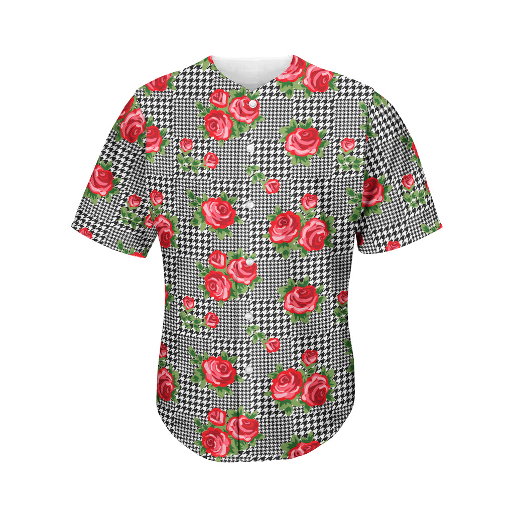 Red Roses Houndstooth Pattern Print Men's Baseball Jersey