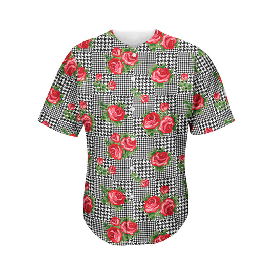 Red Roses Houndstooth Pattern Print Men's Baseball Jersey