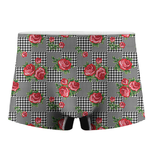 Red Roses Houndstooth Pattern Print Men's Boxer Briefs