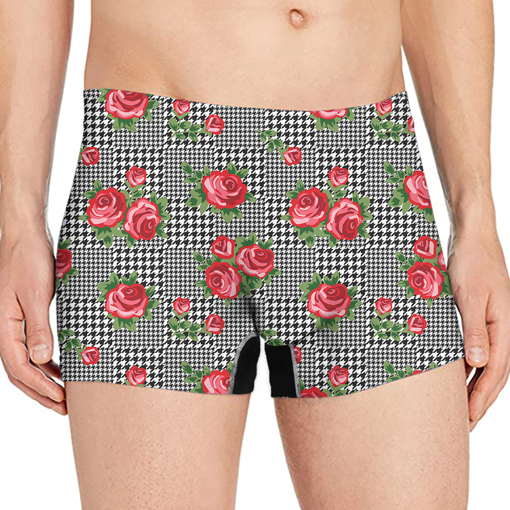 Red Roses Houndstooth Pattern Print Men's Boxer Briefs