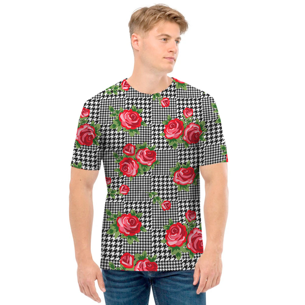 Red Roses Houndstooth Pattern Print Men's T-Shirt
