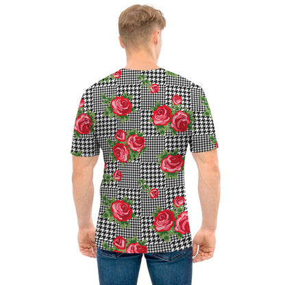 Red Roses Houndstooth Pattern Print Men's T-Shirt
